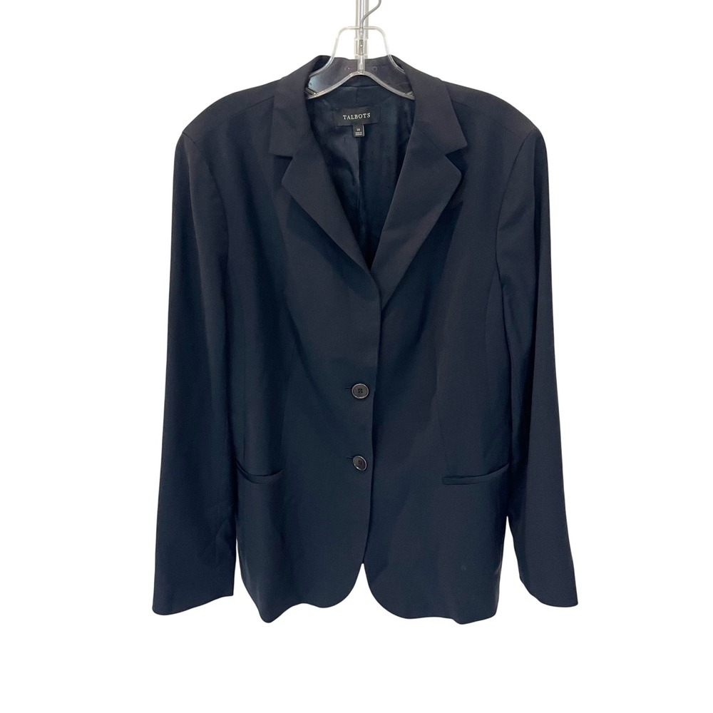 Talbots Womens Black Wool Blend Two Button Blazer Jacket Size 14 Office Career